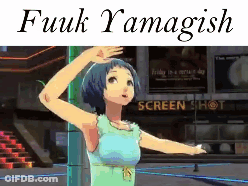 Girl In Blue Dress Dancing In Front Of Sign GIF