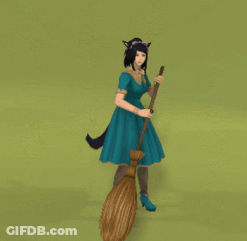 Girl In Blue Dress Holding Broom GIF