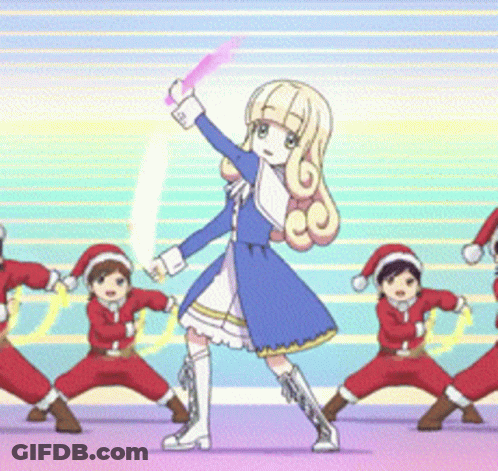 Girl In Blue Dress Holding Pink Sword Before Boys In Santa Hats GIF