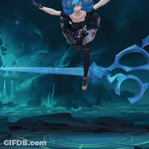 Girl In Blue Dress Holding Scissors GIF