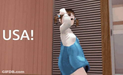 Girl In Blue Dress In Front Of Usa Wall GIF
