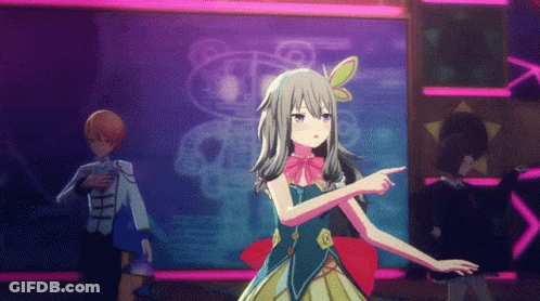 Girl In Blue Dress Pointing At Robot GIF