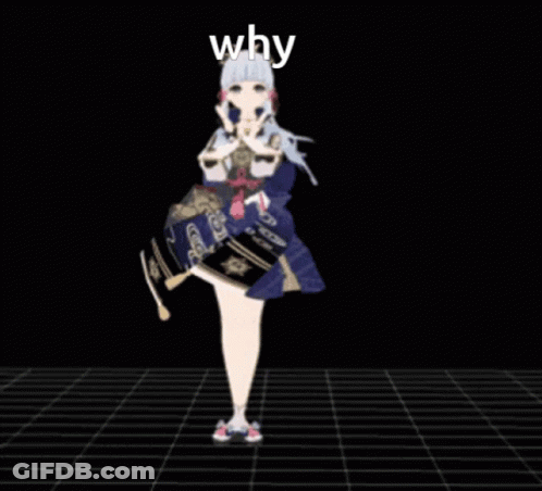 Girl In Blue Dress Saying Why On Black Background GIF