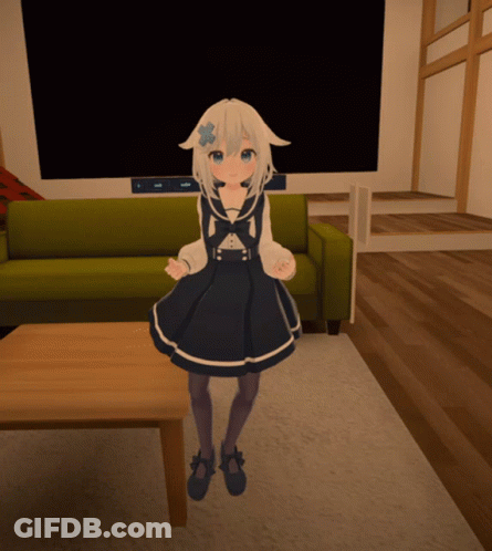 Girl In Blue Dress Standing In Living Room GIF