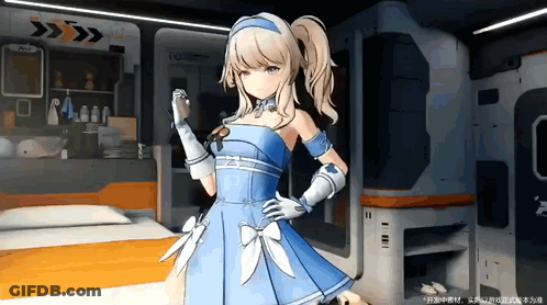Girl In Blue Dress Standing In Room GIF