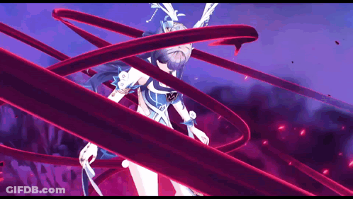 Girl In Blue Dress Surrounded By Purple Ribbons GIF