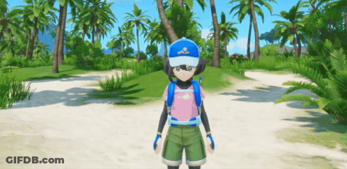 Girl In Blue Hat With Letter S On Sandy Path GIF