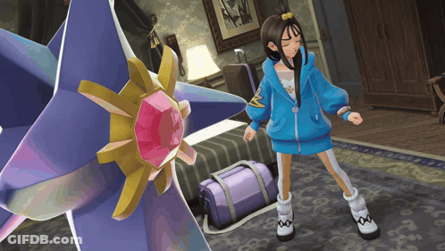 Girl In Blue Jacket In Front Of Purple Star GIF