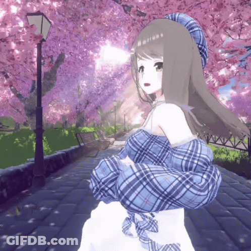 Girl In Blue Plaid Shirt Standing In Front Of Cherry Blossoms GIF