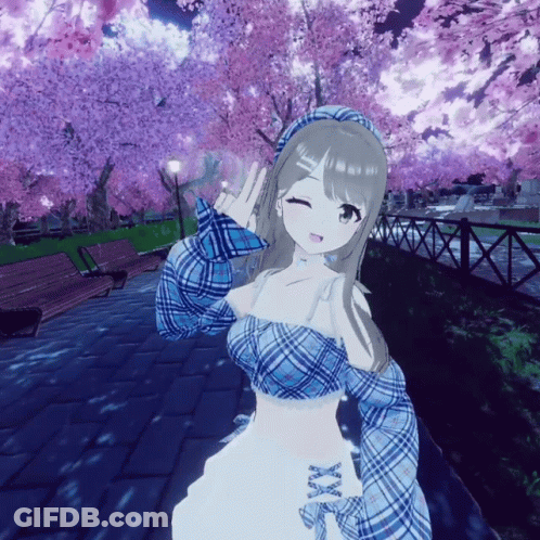 Girl In Blue Plaid Shirt With Cherry Blossoms GIF