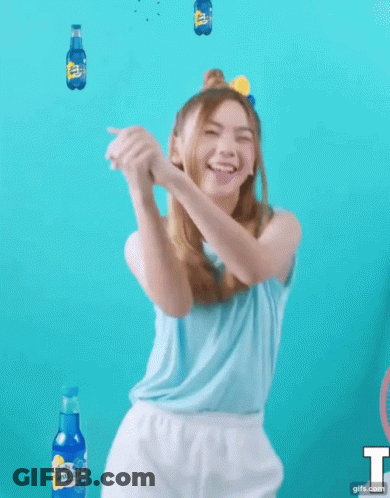 Girl In Blue Shirt And White Shorts Dancing With Sprite Bottles GIF