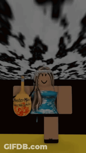 Girl In Blue Shirt Holding Peach And Sword With Letter J GIF