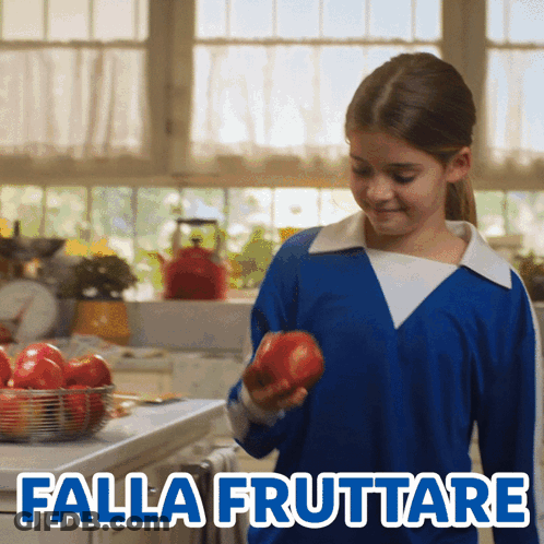 Girl In Blue Shirt Holding Red Apple Falla Fruttare GIF