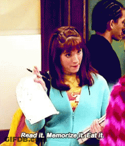 Girl In Blue Sweater Says Read It Memorize It Eat It GIF