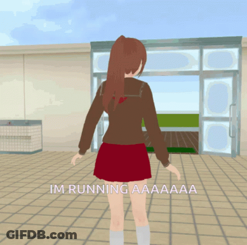 Girl In Brown Jacket And Red Skirt Saying Im Running GIF