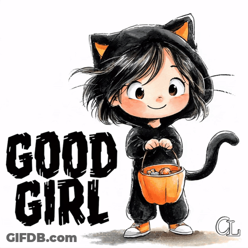 Girl In Cat Costume Holding Candy Bucket GIF