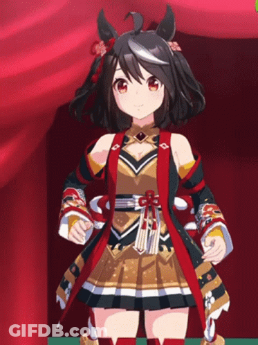 Girl In Cheerleader Outfit Smiling In Front Of Red Curtain GIF