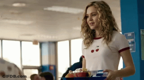 Girl In Cherry Shirt Holding Tray Of Food GIF