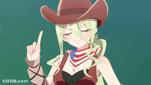 Girl In Cowboy Hat And American Flag Bandana Pointing Up GIF