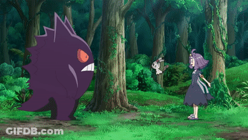 Girl In Dress Looking At Purple Monster In Forest GIF