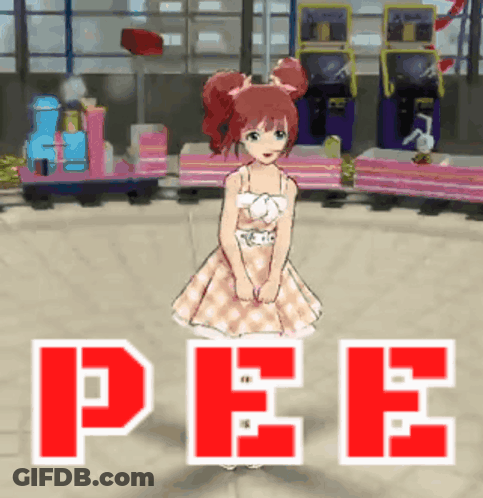 Girl In Dress Standing In Front Of Pee Sign GIF
