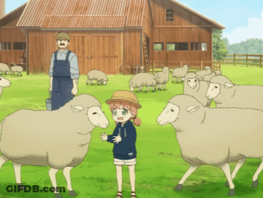 Girl In Field With Sheep And Man Behind Her GIF