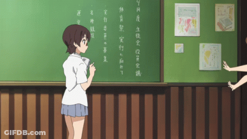 Girl In Front Of Chalkboard With Chinese Writing GIF