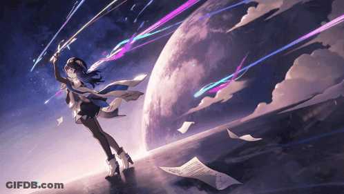 Girl In Front Of Planet With Flying Papers GIF
