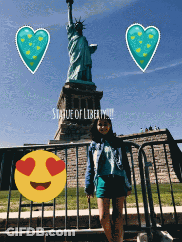 Girl In Front Of Statue Of Liberty GIF