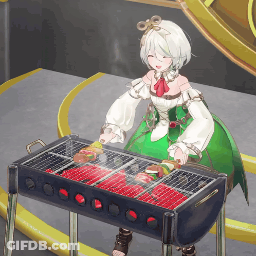 Girl In Green Dress Grilling Meat GIF