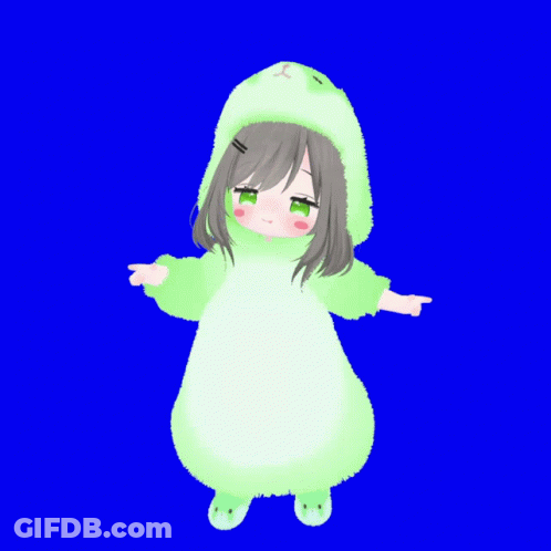 Girl In Green Frog Costume Pointing Left GIF