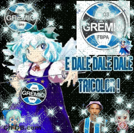 Girl In Gremio Apron Holding Sword In Front Of Gremio Logo GIF