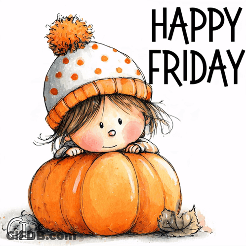 Girl In Hat Sitting On Pumpkin Saying Happy Friday GIF