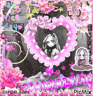 Girl In Heart Surrounded By Pink Flowers Have A Nice Day GIF