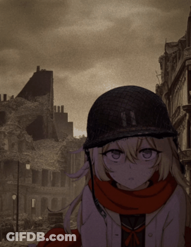 Girl In Helmet And Scarf In Ruined City GIF