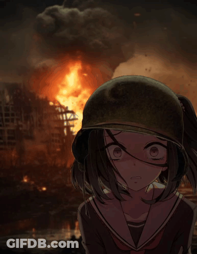 Girl In Helmet Near Burning Building GIF
