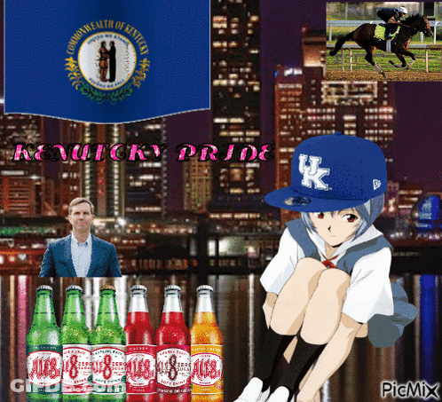 Girl In Kentucky Pride Hat Sits In Front Of Bottles GIF