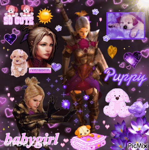 Girl In Knight Armor With Purple Hearts Saying Babygirl And Puppy GIF
