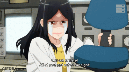 Girl In Lab Coat Holding Blue Chair Saying Get Out GIF