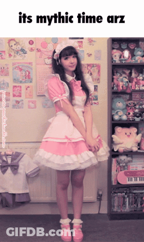 Girl In Maid Costume Standing Before Stuffed Animals Shelf GIF