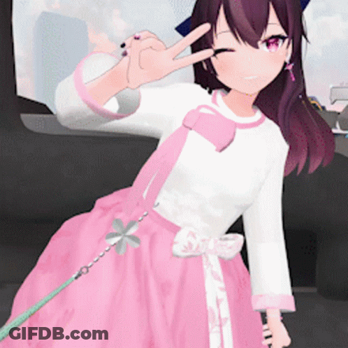 Girl In Pink And White Dress Giving Peace Sign GIF
