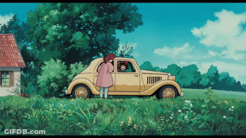 Girl In Pink Coat Beside Yellow Car In Field GIF