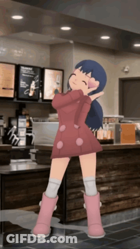 Girl In Pink Dress And Pink Boots Dancing At Starbucks GIF