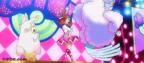 Girl In Pink Dress Dancing Next To White Rabbit GIF