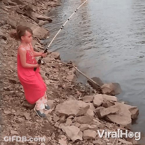 Girl In Pink Dress Holding Fishing Rod GIF