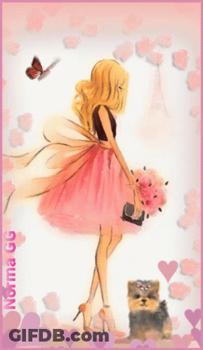 Girl In Pink Dress Holding Flowers And Dog GIF