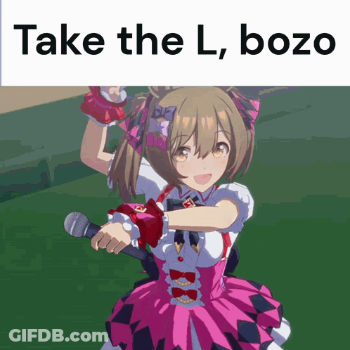Girl In Pink Dress Holding Microphone Saying Take The L Bozo GIF