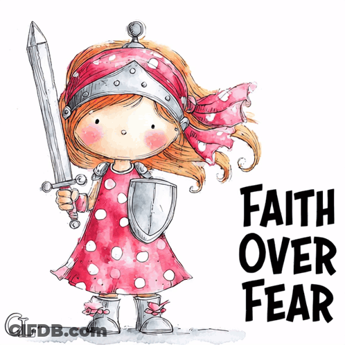 Girl In Pink Dress Holding Sword And Shield Faith Over Fear GIF