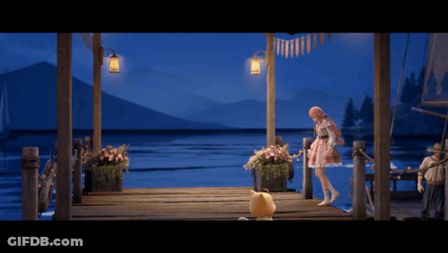 Girl In Pink Dress On Dock With Cat GIF