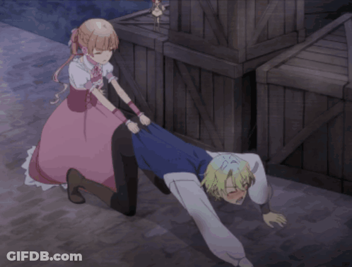 Girl In Pink Dress Pushing Man In Blue Shirt GIF